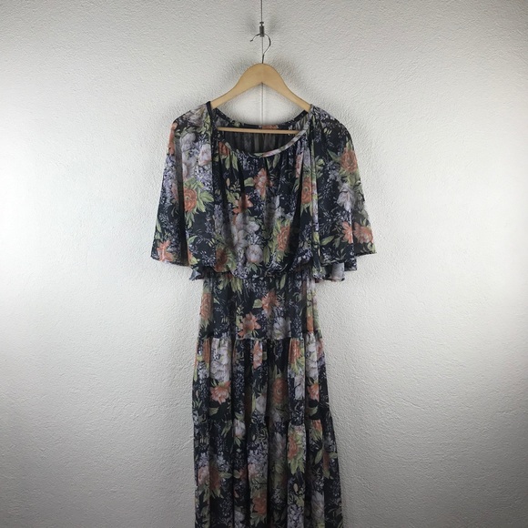 Vintage Dresses & Skirts - Vintage l 70s M Bohemian Cottagecore Floral Semi-Sheer Cape Flutter Sleeve Dress